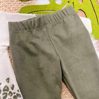 Conj. Casaco Linho com Pelúcia Ursinho Safari e Calça Legging - Areia e Verde Musgo